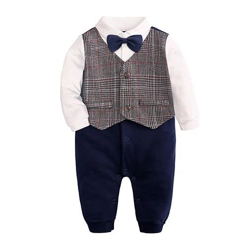 Fashion Newborn Baby Boys Gentleman Formal Suit Romper Long Sleeve Jumpsuit Bow Tie Tuxedo Outfit Clothes for 0-24M Bebes Gift