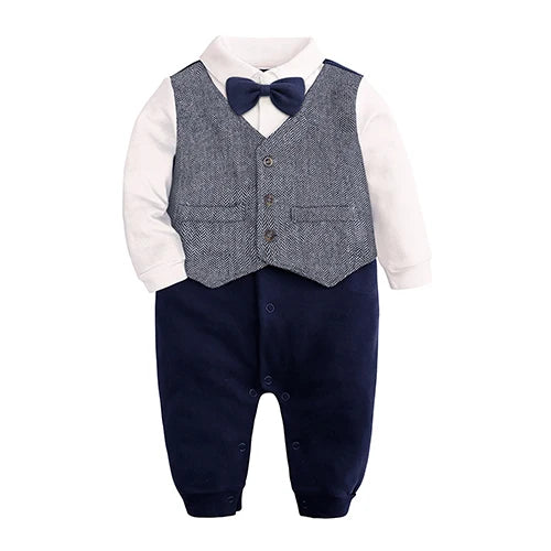 Fashion Newborn Baby Boys Gentleman Formal Suit Romper Long Sleeve Jumpsuit Bow Tie Tuxedo Outfit Clothes for 0-24M Bebes Gift