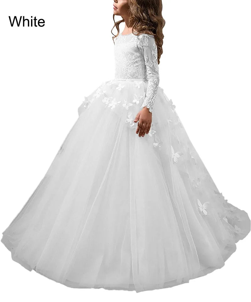 Vestidos De Primera Comunion 2025 Pink Long Sleeves Kids Princess Long Party Dress For Girls Costume For 2 3 4 5 6 7 8 13 Years