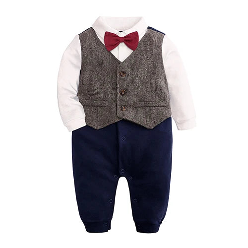 Fashion Newborn Baby Boys Gentleman Formal Suit Romper Long Sleeve Jumpsuit Bow Tie Tuxedo Outfit Clothes for 0-24M Bebes Gift