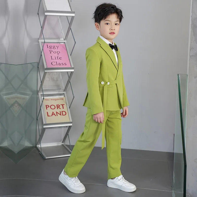 Wholesale Fashion Children's Clothing Green Suit Boys Formal Five-Piece Set Korean Style Performance Stage Outfit