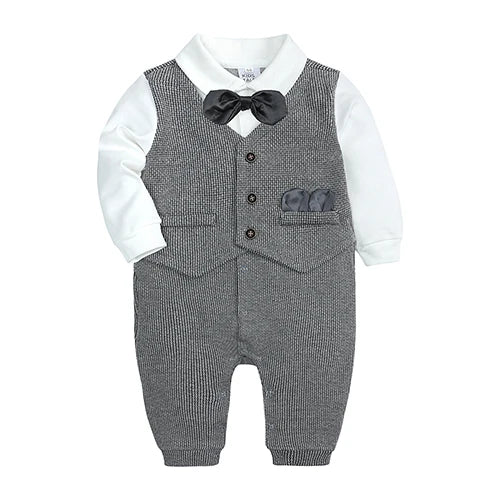 Fashion Newborn Baby Boys Gentleman Formal Suit Romper Long Sleeve Jumpsuit Bow Tie Tuxedo Outfit Clothes for 0-24M Bebes Gift