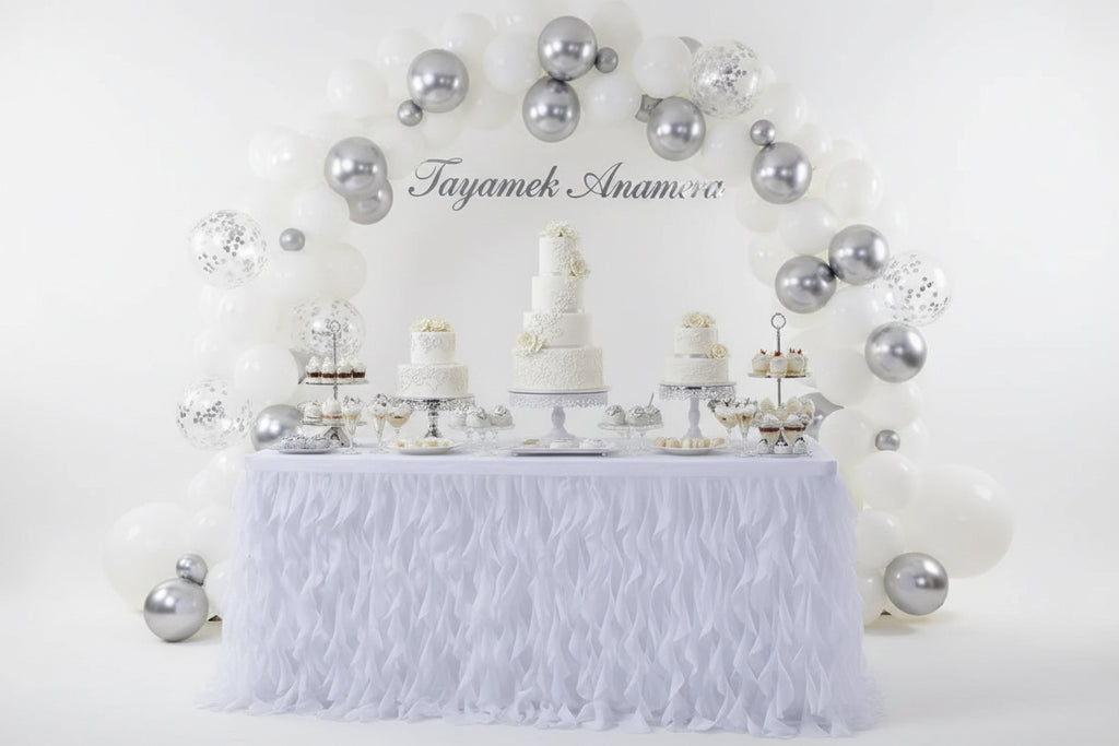 White Table Skirts Rental - Curly Willow Tulle & Pleated with Golden Accents | Elegant Event Decor