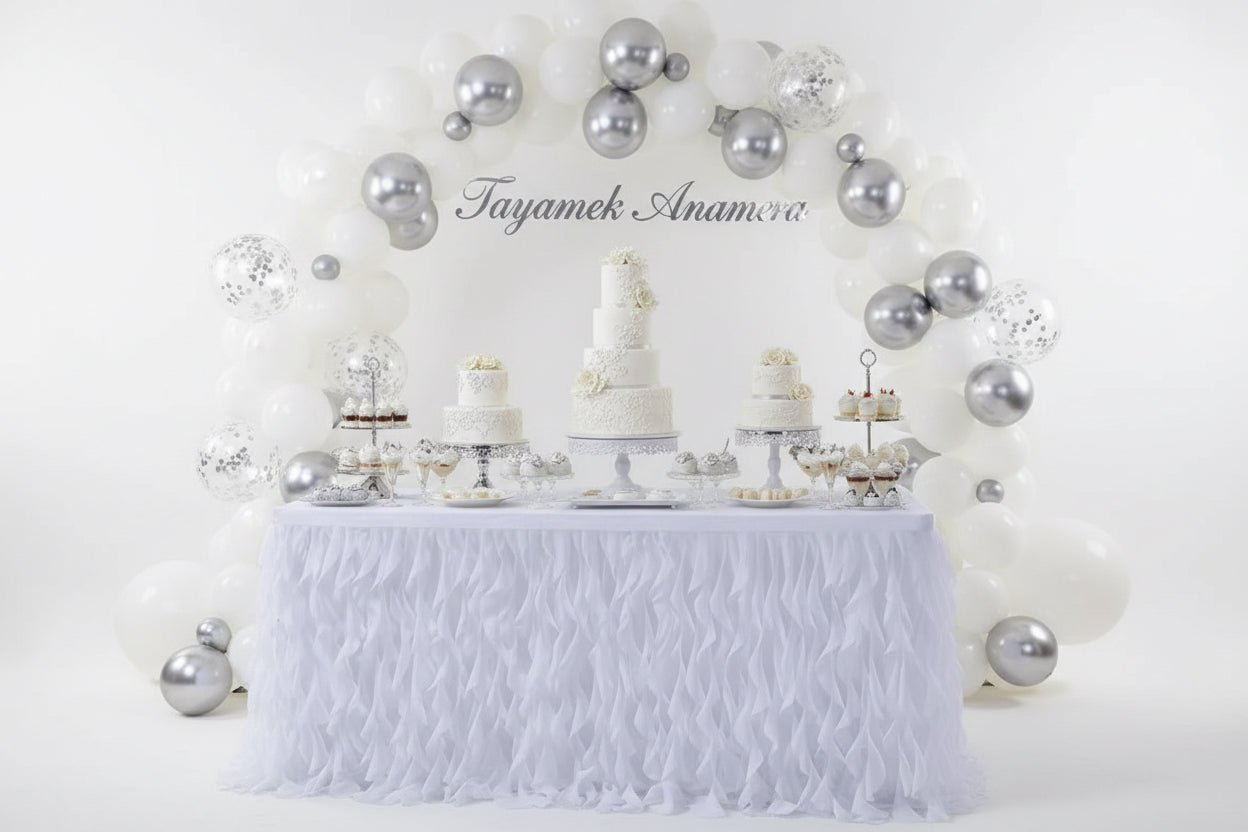 White Table Skirts Rental - Curly Willow Tulle & Pleated with Golden Accents | Elegant Event Decor