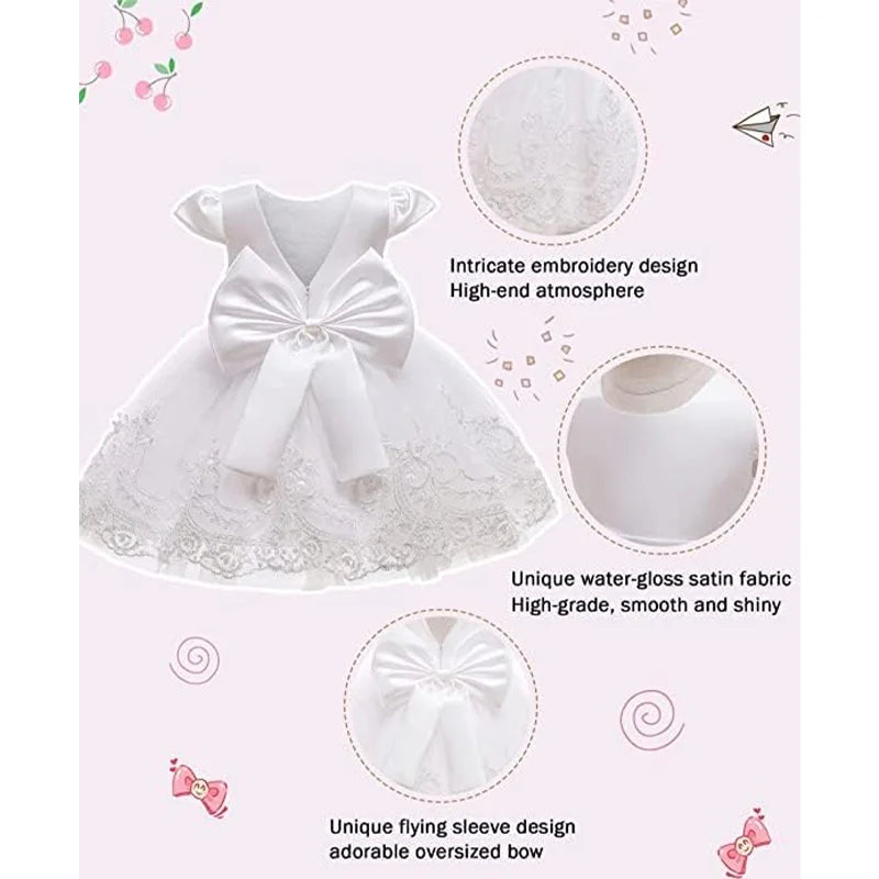 Infant Baby Embroidery Gown Elegant Girl Dress Satin Big Bow Tulle Dress V Back Prom Wedding Birthday Party Formal Baptism Dress