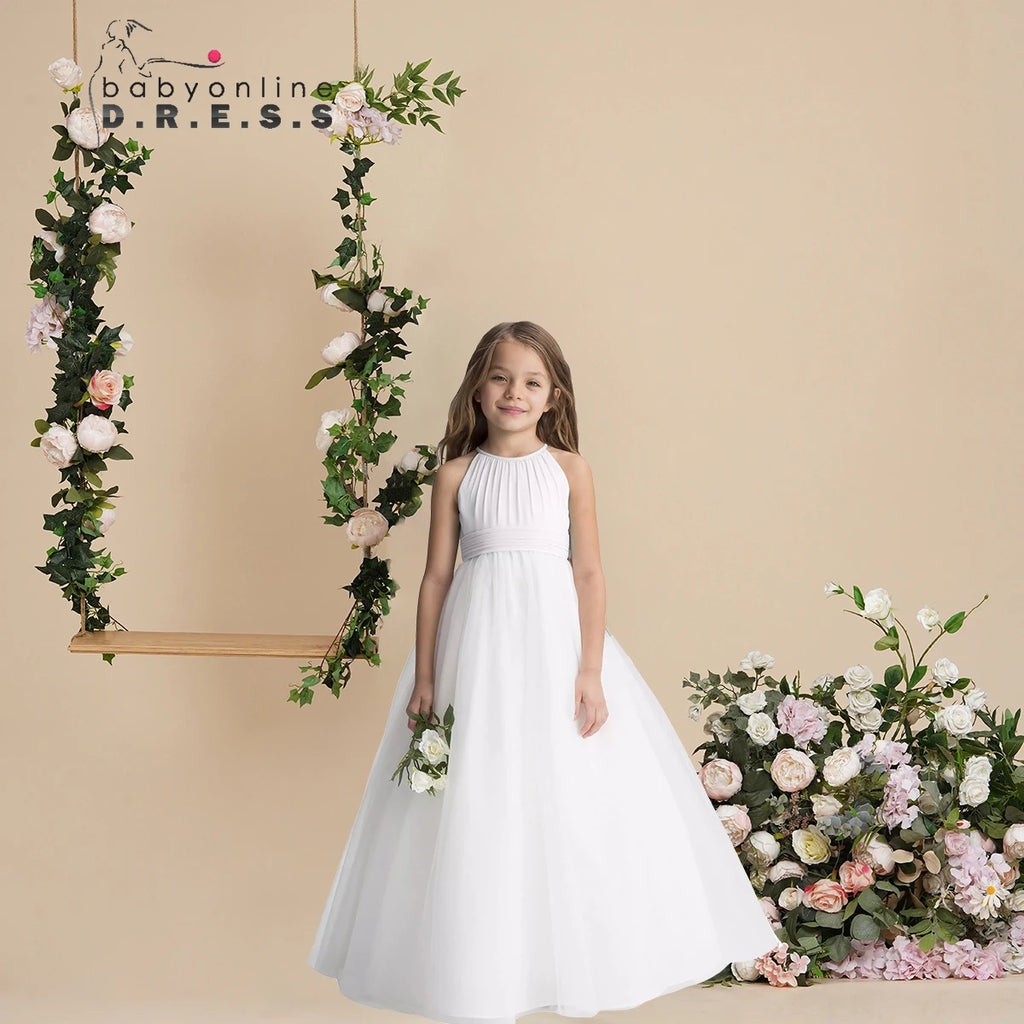 BABYONLINE Communion Girl Dress Simple Ivory Chiffon and Netting Halter Ball Gown Junior Mini Bridesmiad  Wedding Guest Party