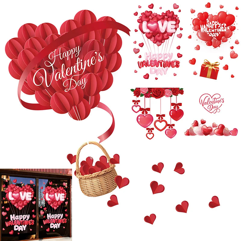 1 Pcs Valentines Day Window Clings With Red Ribbon Romantic Heart Design Static Window Stickers Reusable Double-Sided