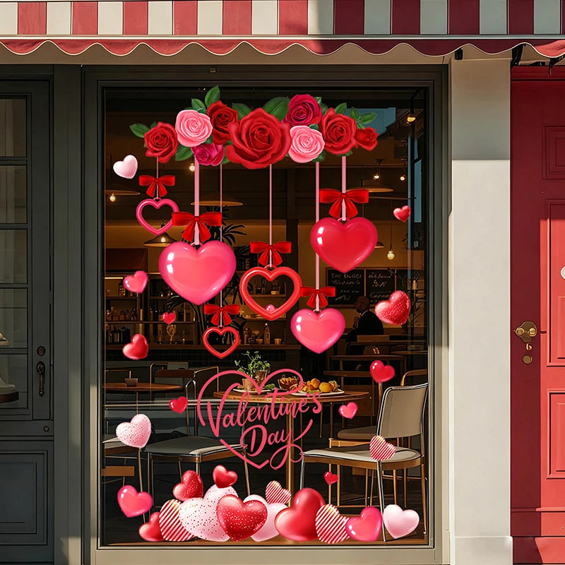 1 Pcs Valentines Day Window Clings With Red Ribbon Romantic Heart Design Static Window Stickers Reusable Double-Sided