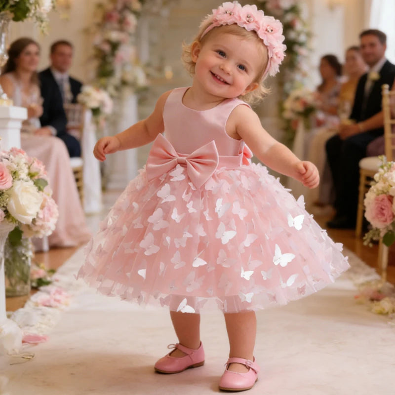 White Wedding Baby Girl Dress Bowknot Butterfly Tutu Dress Infant Toddler Flower Girls Baptism Birthday Dresses With Headband