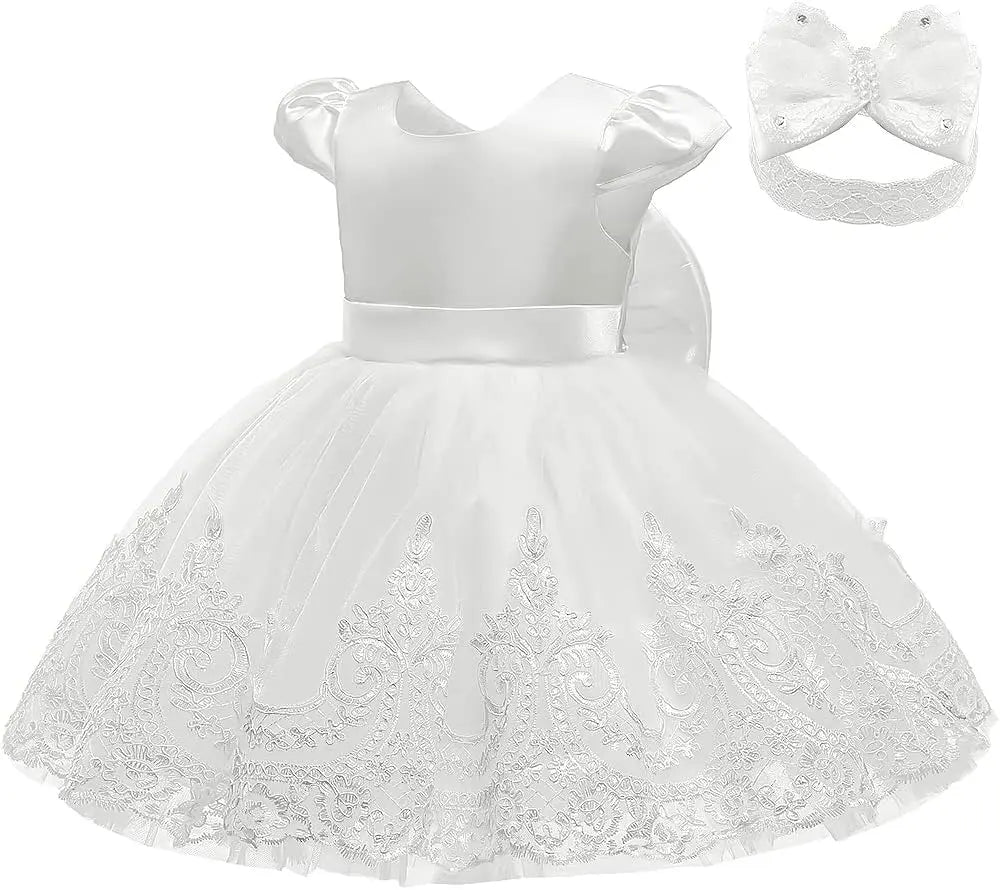 Infant Baby Embroidery Gown Elegant Girl Dress Satin Big Bow Tulle Dress V Back Prom Wedding Birthday Party Formal Baptism Dress