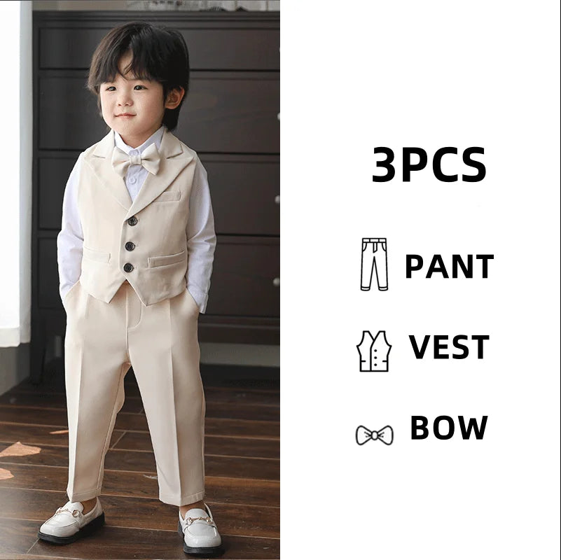 3Pcs Children Boys Black Blue Wedding Suit Teenager Kids Boy Piano Ceremony Tuxedo Suit Formal Vest Shirt Pants Bow Kid Boy Suit