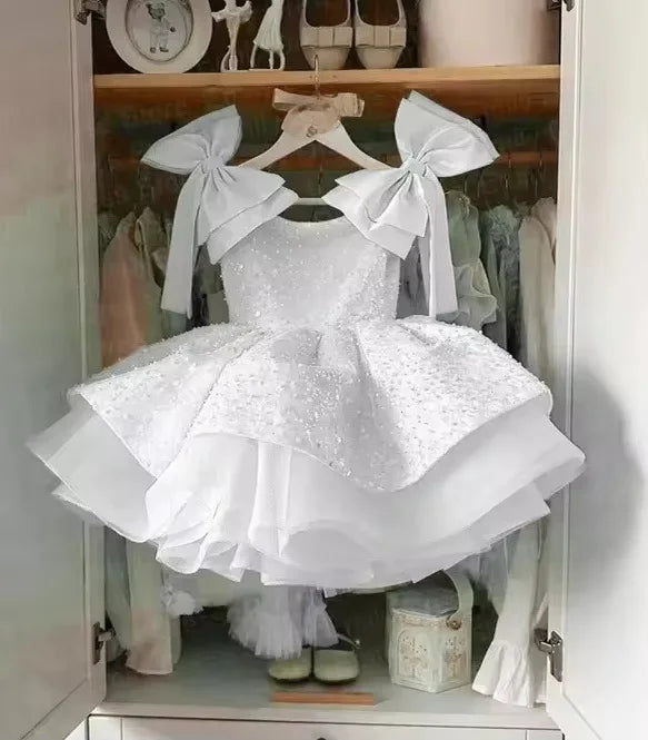 Party Dress 2025 Children Lovely Kids Birthday First Communion Ball Gowns Pink Flower Girl for Wedding Sequins Beading with Bow