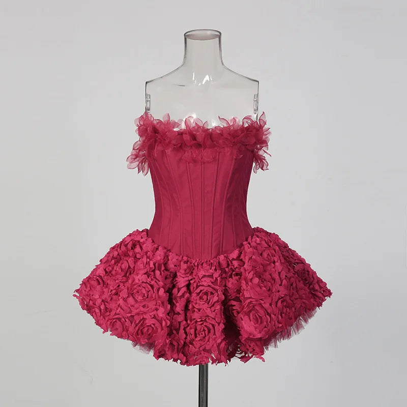 Pink Evening Dress 2 Pcs Skirt Set Sexy Corset Top Bra+Short Pants Party Robe 3D Flower Lace Up Back Formal Prom Wedding Gown