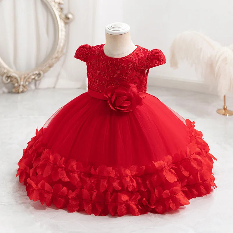 Infant Baptism Party Dress Baby Girls Flower Embroidery Princess Dresses For Toddlers 1st Birthday Communion Puffy Dresses Gowns