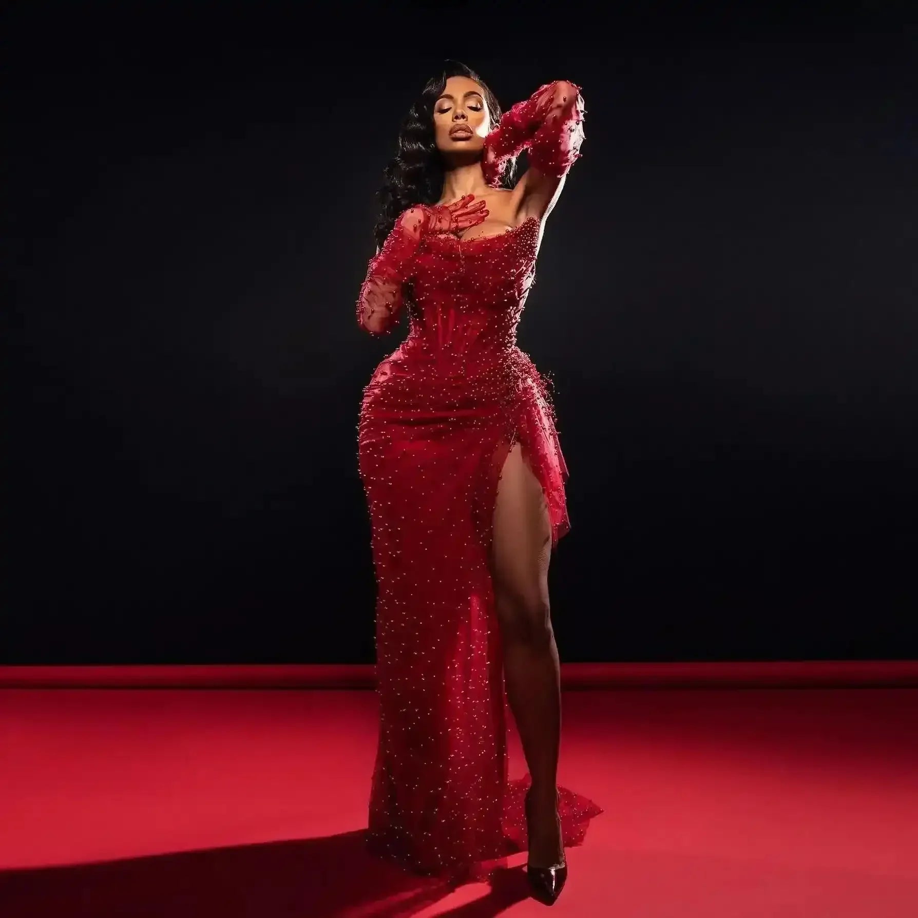 Red Pearls Beaded Prom Dress Sexy Strapless Sexy High Split Prom Dress  With Lace Long Gloves Women Formal  Occasion Party Dress