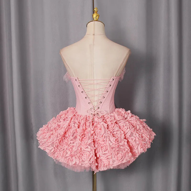 Pink Evening Dress 2 Pcs Skirt Set Sexy Corset Top Bra+Short Pants Party Robe 3D Flower Lace Up Back Formal Prom Wedding Gown