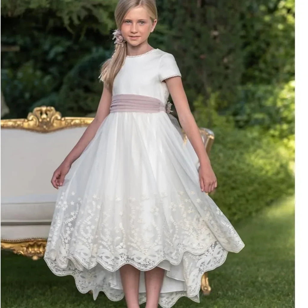 Communion Girl Dress White Vintage Princess Lace Floral Ribbon Belt Bridemini Bridesmaid Wedding Party A Line Gown