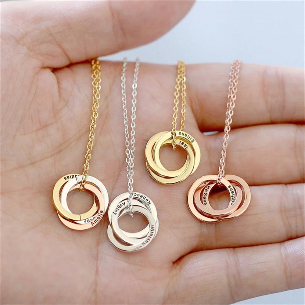 Engraved Childrens Name Linked Circle Necklace Custom Russian Ring Interlocking Round Necklaces Personalized Thanksgiving Gift