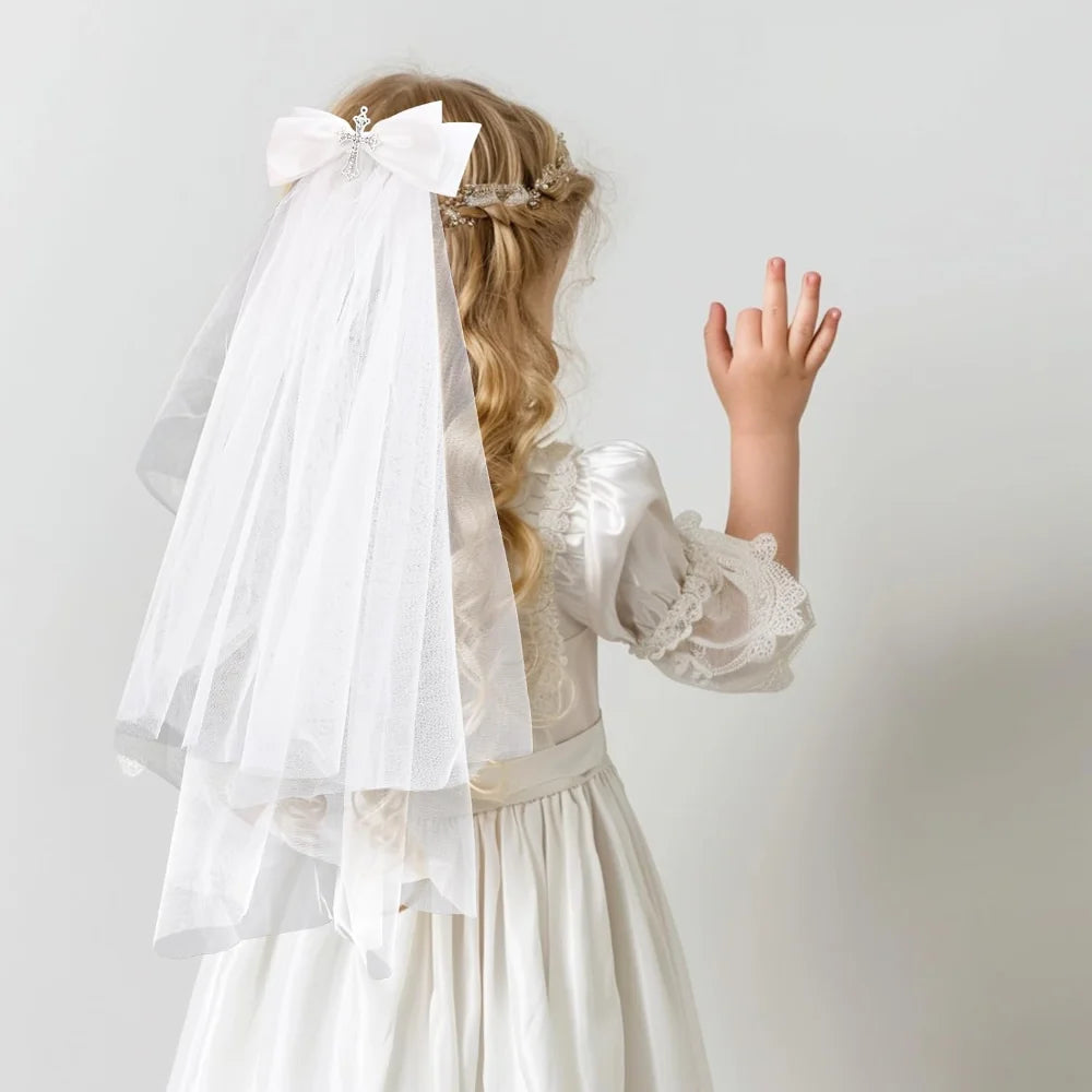 Girls First Communion White Bow Cross Veil Headwear First Holy Communion Dress Up Accessory Keepsake Communion Party Supplies