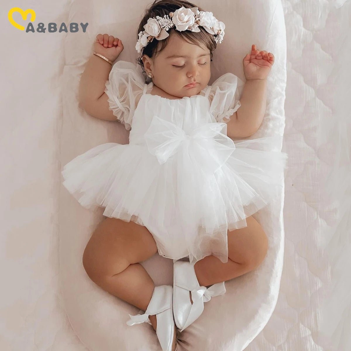 ma&baby 0-24M Princess Baby Girl Romper Newborn Infant Toddler Tulle Jumpsuit +Headband Princess Birthday Puff Sleeve Outfits