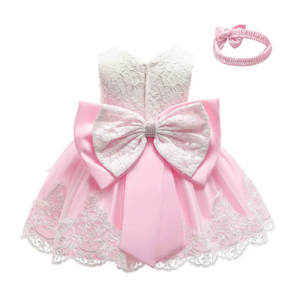 Baby Lace Dresses with Headband Formal Wedding Party Christening Dresses Toddler Girl Clothes Flower Girl Clothes