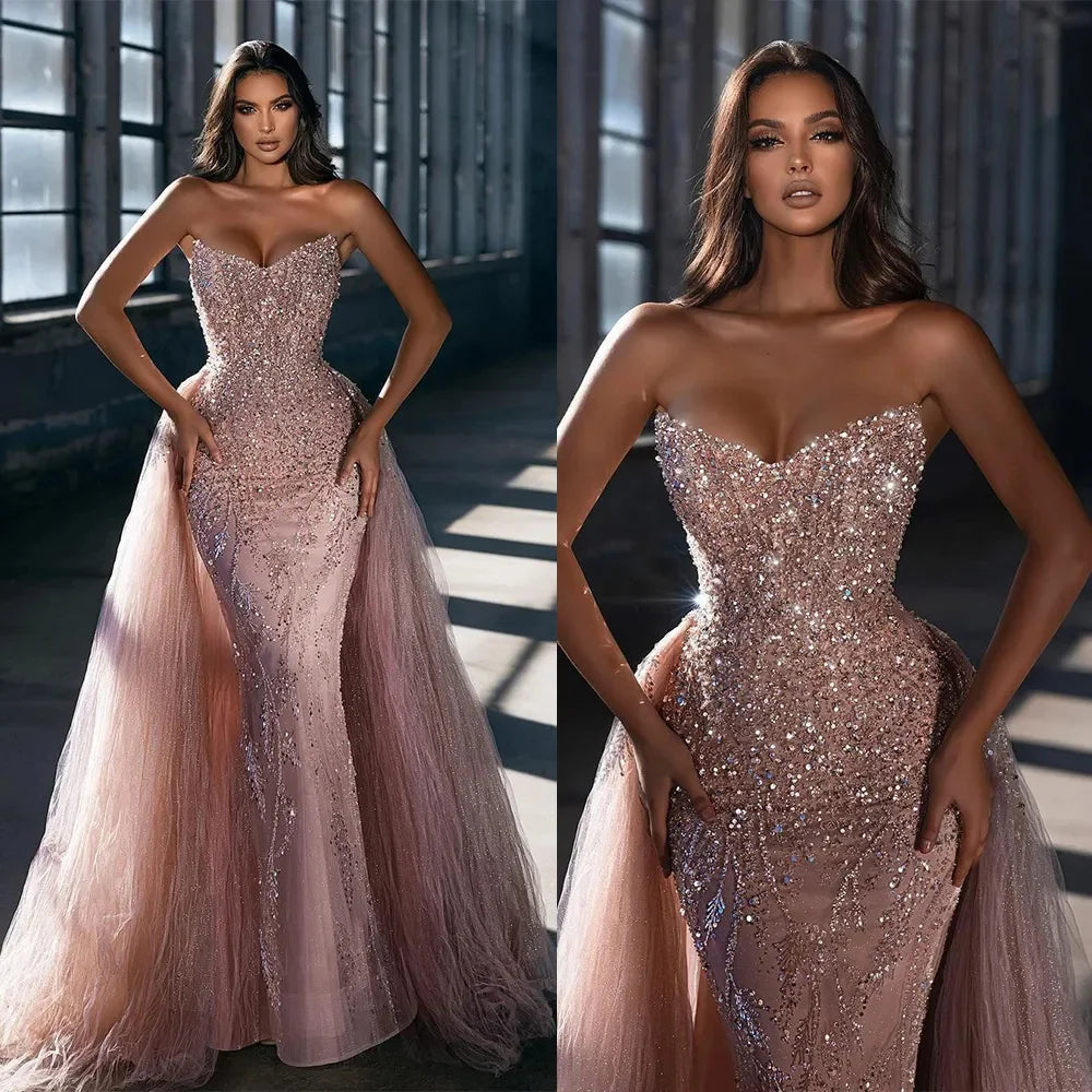 Sparking Prom Dresses Off Shoulder Sequins Sleeveless Evening Dress With Tulle Overskirt Floor Length Celebrity Party Gown