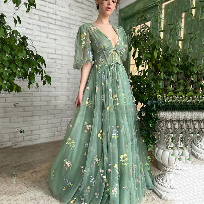 Prom Dresses Green Sexy Deep V-Neck Puffy Sleeve Lace Embroidery Tulle Formal Evening Party Gown Elegant Tea Lengt Robe De Soiré