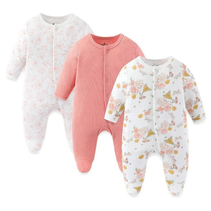 3pcs Newborn Baby Boy Clothes Long Sleeve 100% Cotton Baby Rompers Cartoon Baby Girl Clothes 0-12M Spring Solid Color Bebes