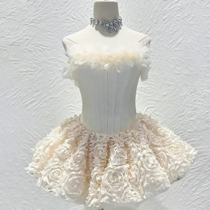 Pink Evening Dress 2 Pcs Skirt Set Sexy Corset Top Bra+Short Pants Party Robe 3D Flower Lace Up Back Formal Prom Wedding Gown