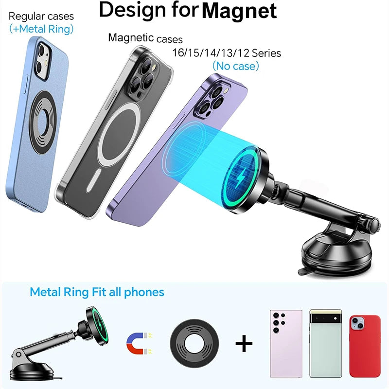 UYUXIO Magnetic Wireless Car Charger 15W Fast Charging Windshield Dashboard Car Mount Phone Holder for iPhone 16 13 12 15 14
