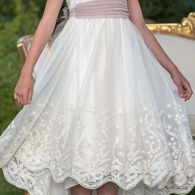 Communion Girl Dress White Vintage Princess Lace Floral Ribbon Belt Bridemini Bridesmaid Wedding Party A Line Gown