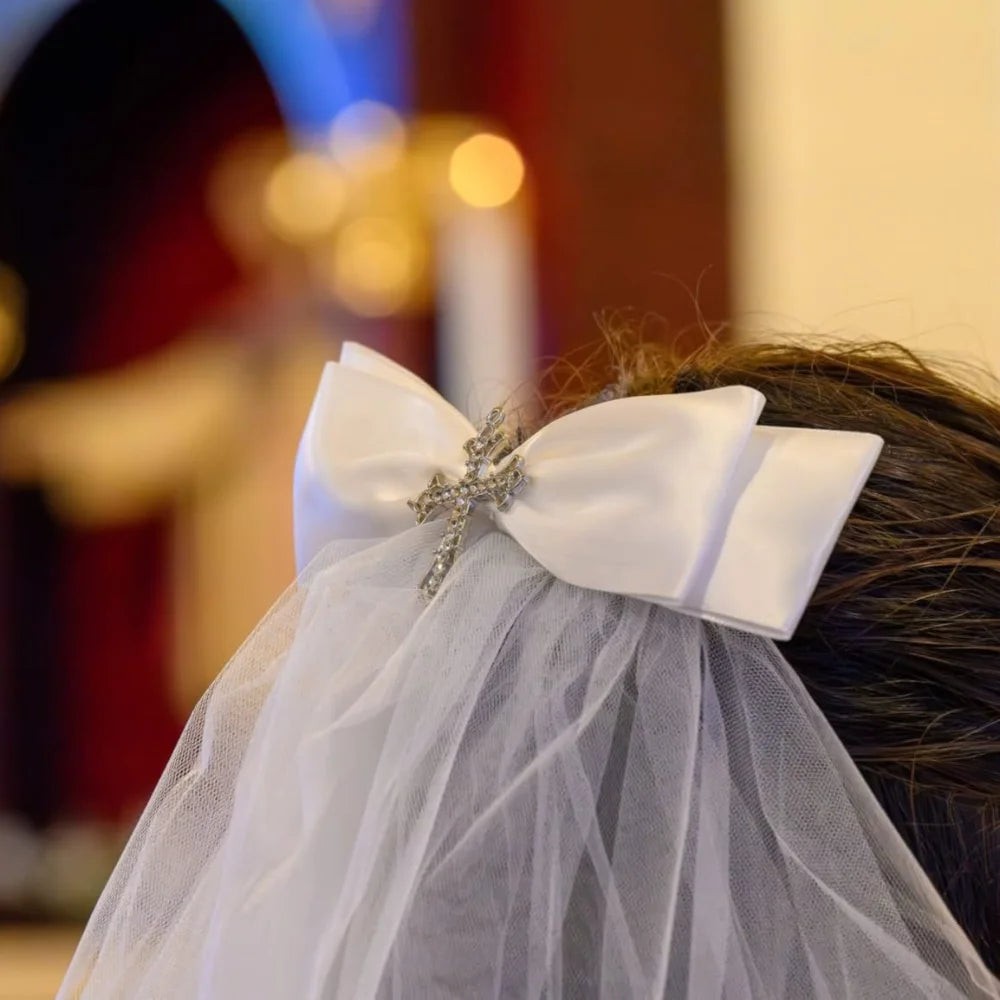 Girls First Communion White Bow Cross Veil Headwear First Holy Communion Dress Up Accessory Keepsake Communion Party Supplies