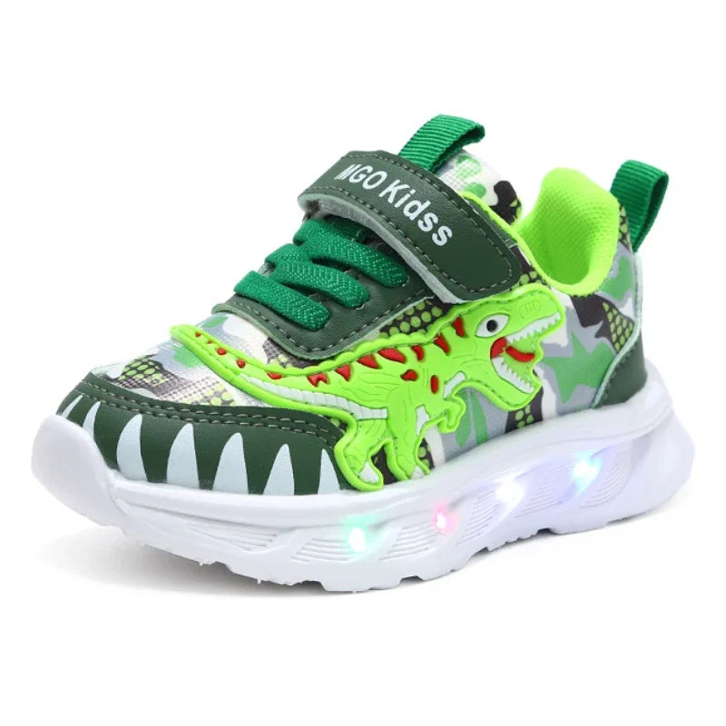 Spring New Children's Sports Shoes Cartoon Dinosaur Children's LED Light Shoes Soft Sole Boys' Causal Sneakers 2-6 Years Old