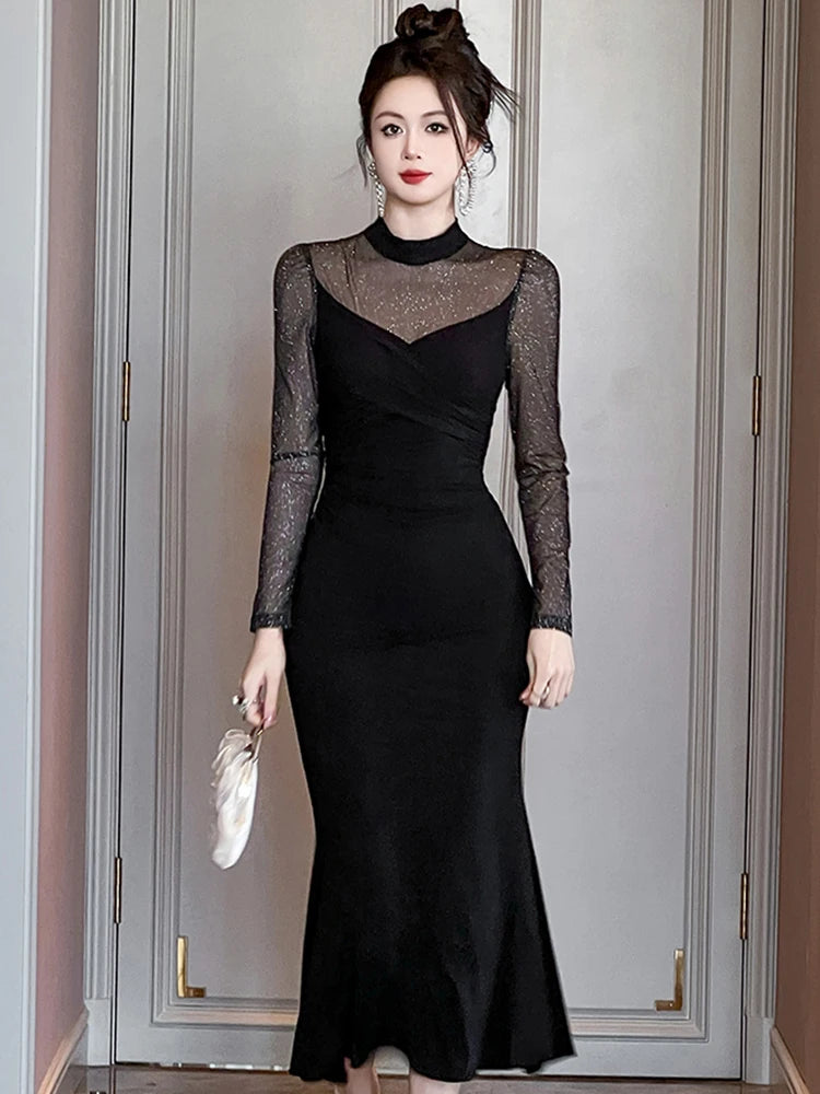 Elegant Prom Dress Women Fashion Sexy Sheer Mesh Spliced Bodycon Fishtail Robe Female Evening Party Vestidos Christmas