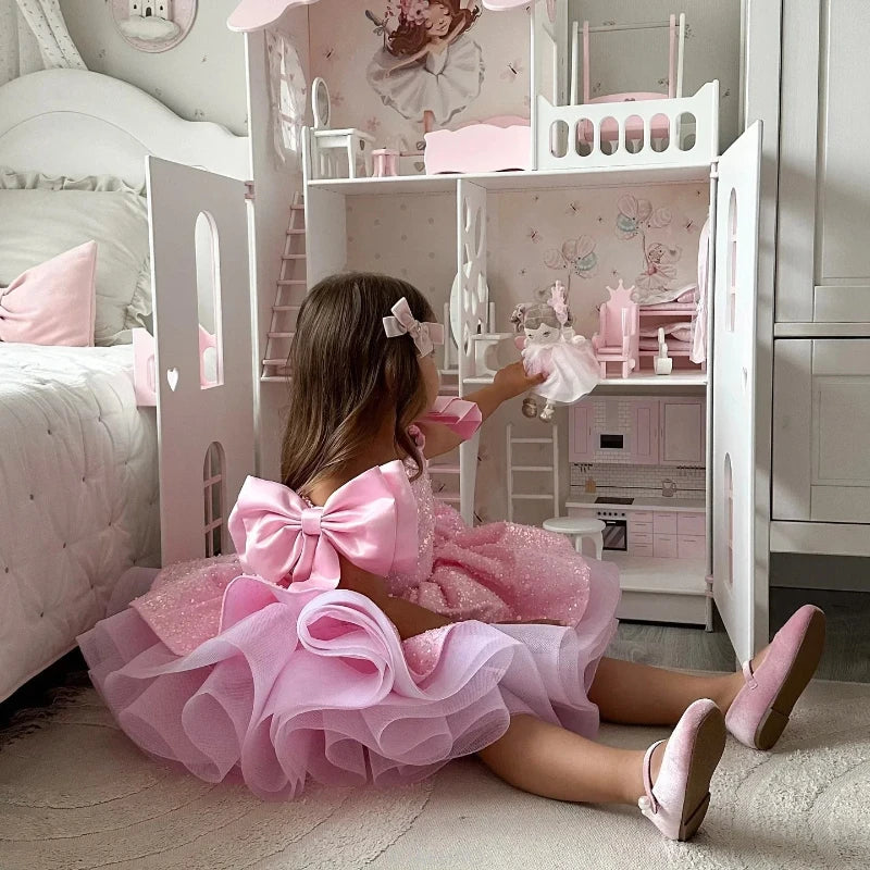 Party Dress 2025 Children Lovely Kids Birthday First Communion Ball Gowns Pink Flower Girl for Wedding Sequins Beading with Bow