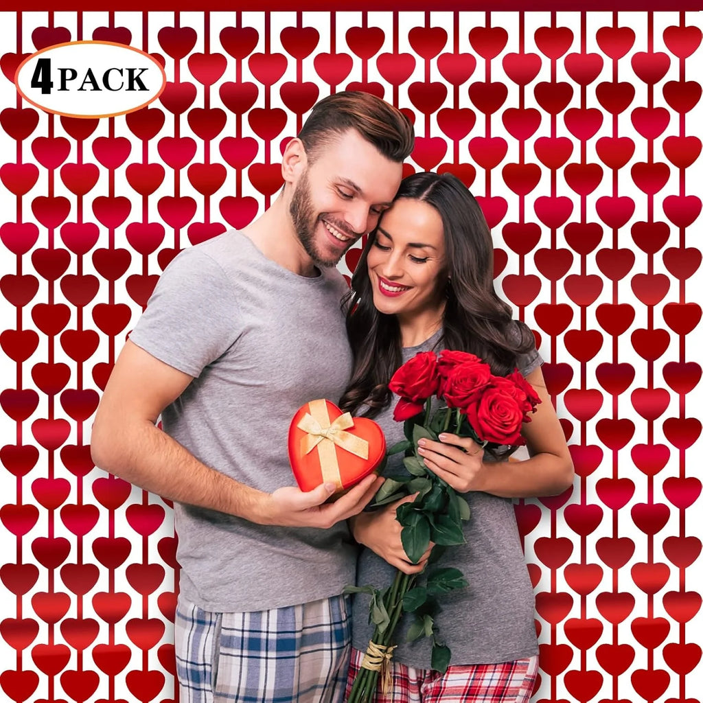 4 Packs 39x79in Red Heart Shape Tinsel Foil Fringe Curtain Valentines Photo Backdrop,Streamer Backdrop for Birthday, Wedding