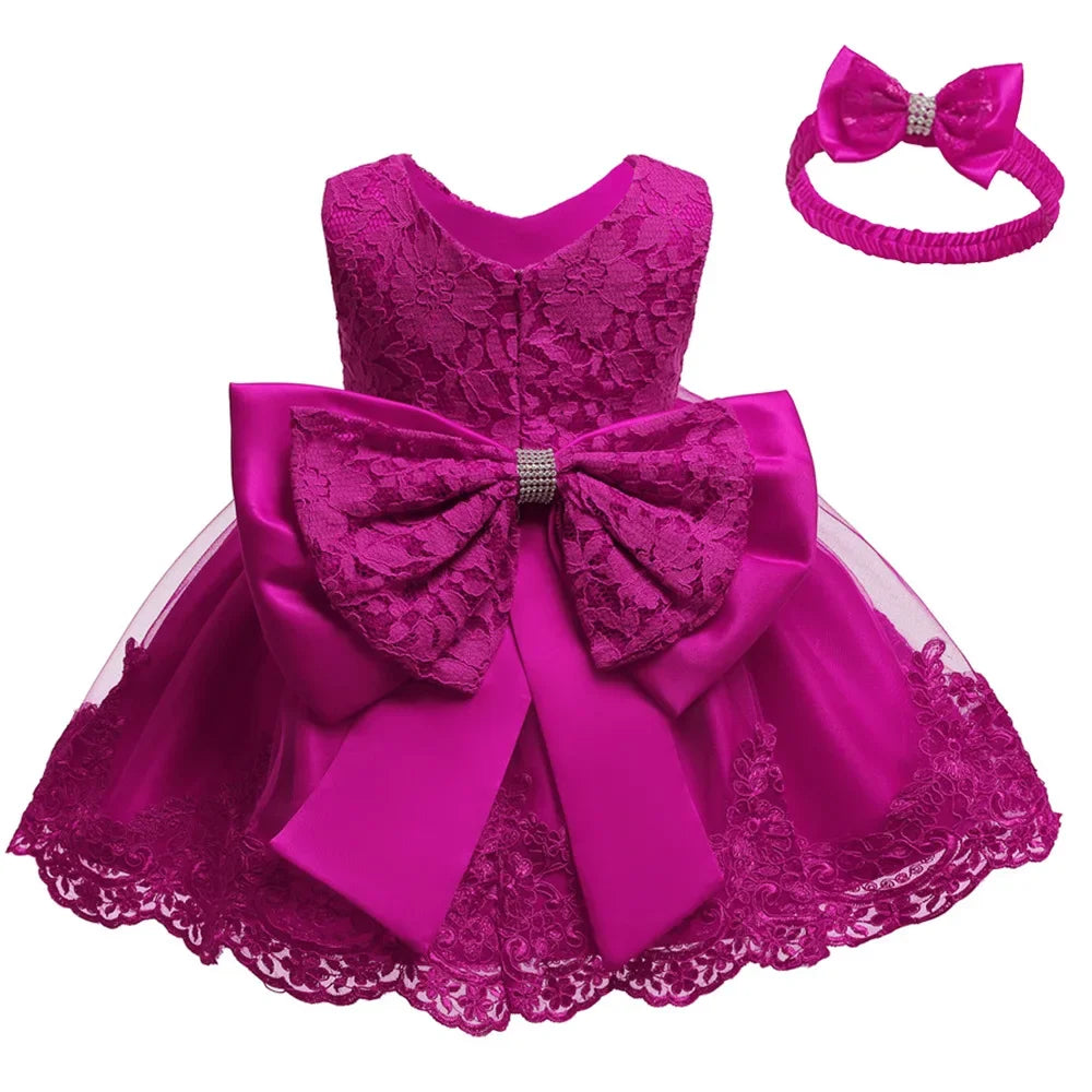 Baby Lace Dresses with Headband Formal Wedding Party Christening Dresses Toddler Girl Clothes Flower Girl Clothes