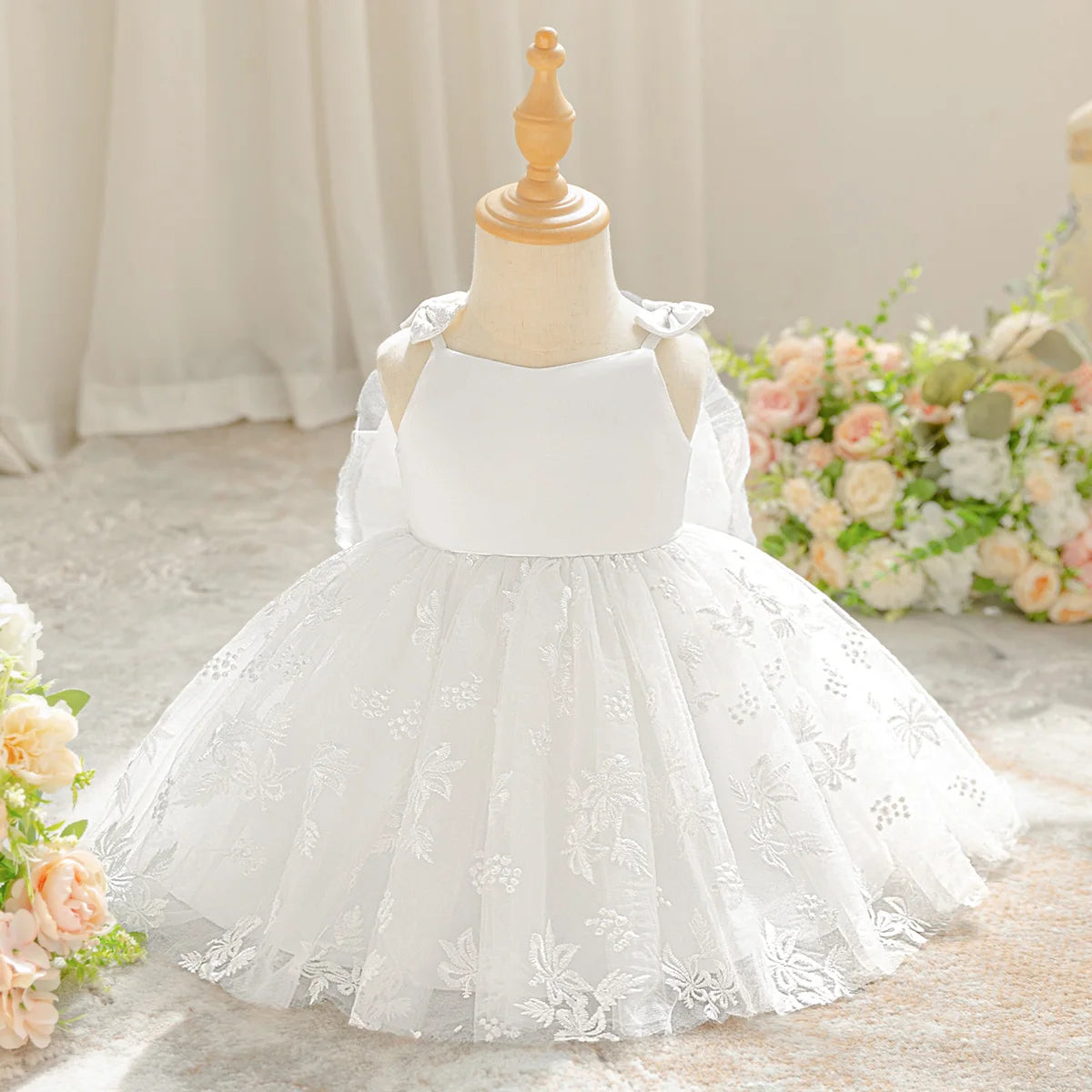 Toddler Baptism Party Girl Dress Baby Big Bow Lace White Wedding Bridesmaids Princess Prom Gown Embroidery Girls Evening Dresses