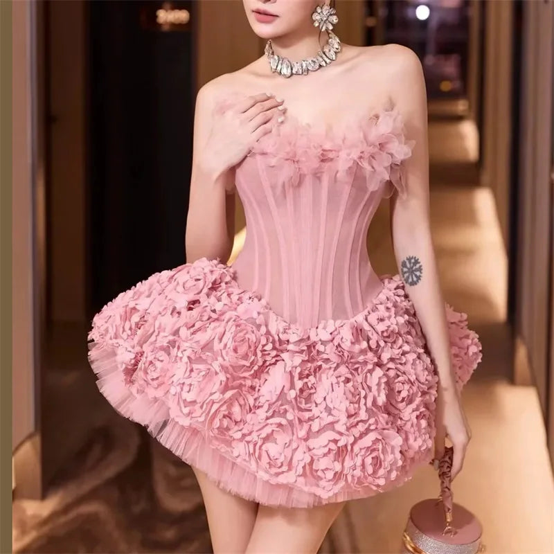 Pink Evening Dress 2 Pcs Skirt Set Sexy Corset Top Bra+Short Pants Party Robe 3D Flower Lace Up Back Formal Prom Wedding Gown