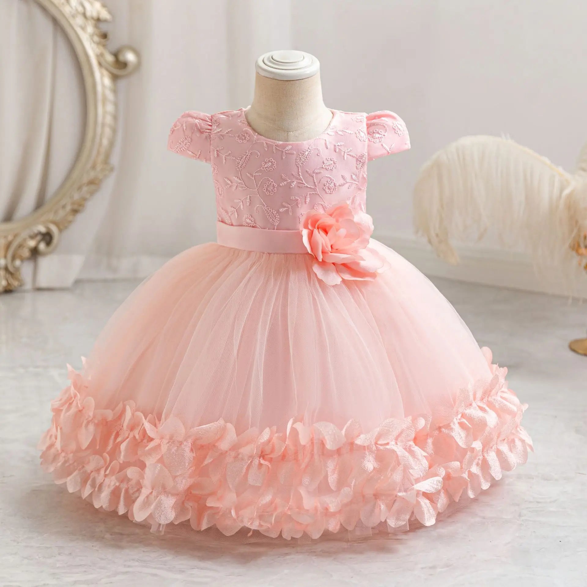 Infant Baptism Party Dress Baby Girls Flower Embroidery Princess Dresses For Toddlers 1st Birthday Communion Puffy Dresses Gowns