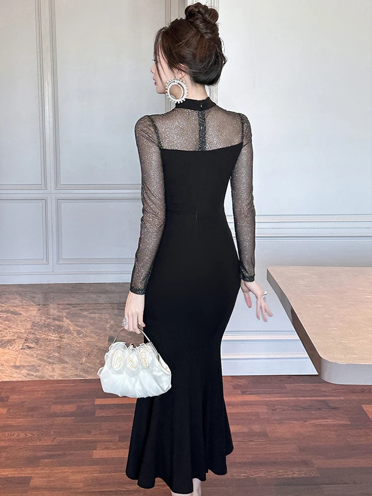 Elegant Prom Dress Women Fashion Sexy Sheer Mesh Spliced Bodycon Fishtail Robe Female Evening Party Vestidos Christmas