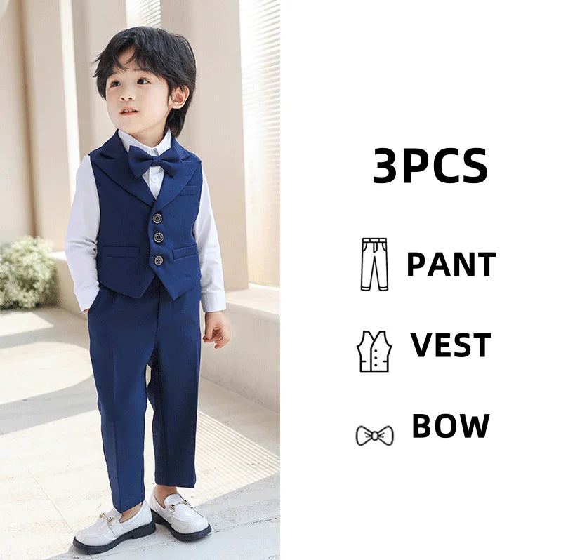 3Pcs Children Boys Black Blue Wedding Suit Teenager Kids Boy Piano Ceremony Tuxedo Suit Formal Vest Shirt Pants Bow Kid Boy Suit