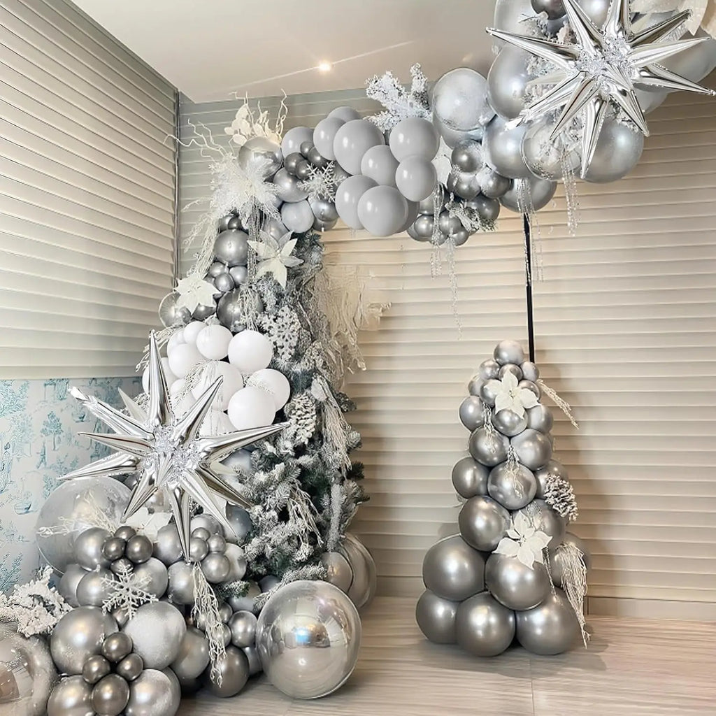100 gray, silver, and white balloon sets with silver exploding star arches suitable for birthday, Christmas, New Year decoration