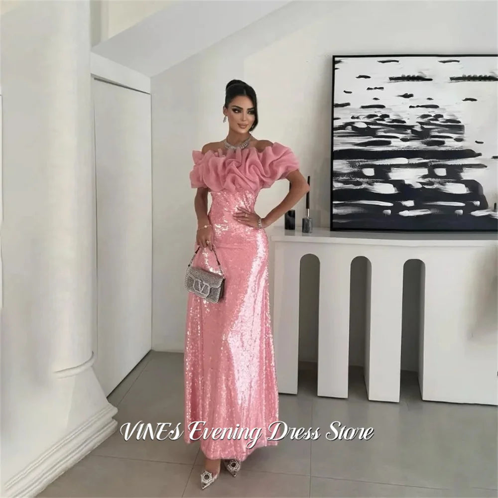 VINES Hot Pink Prom Dress Ruffled Off Shoulder Celebrity Dress with Full Sequin Women's Evening Dresses Formal Gown Customized