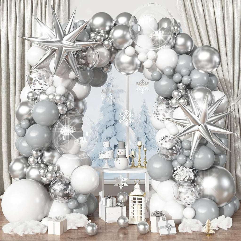 100 gray, silver, and white balloon sets with silver exploding star arches suitable for birthday, Christmas, New Year decoration