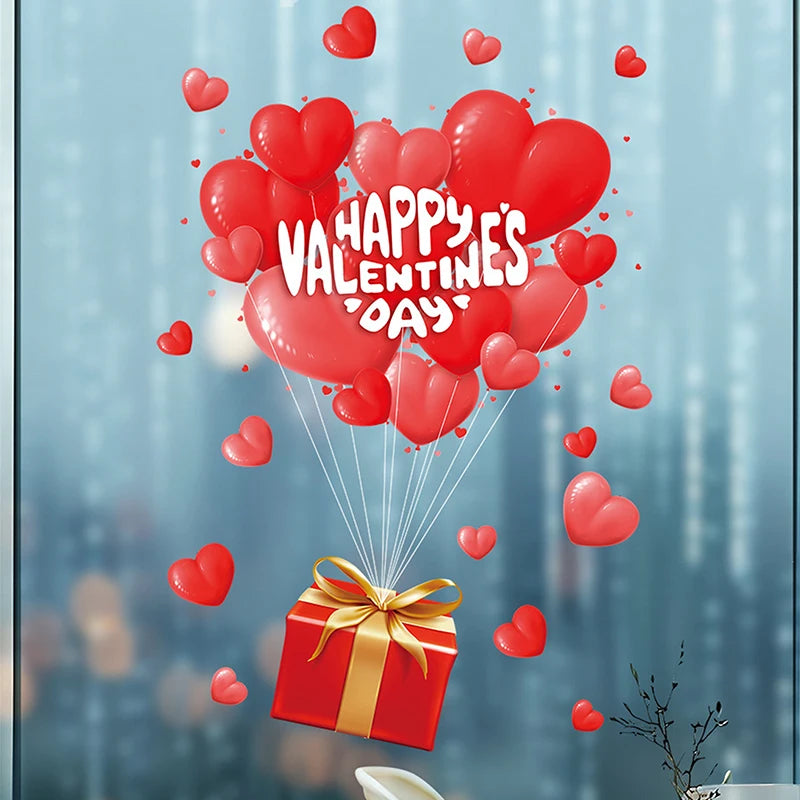 1 Pcs Valentines Day Window Clings With Red Ribbon Romantic Heart Design Static Window Stickers Reusable Double-Sided