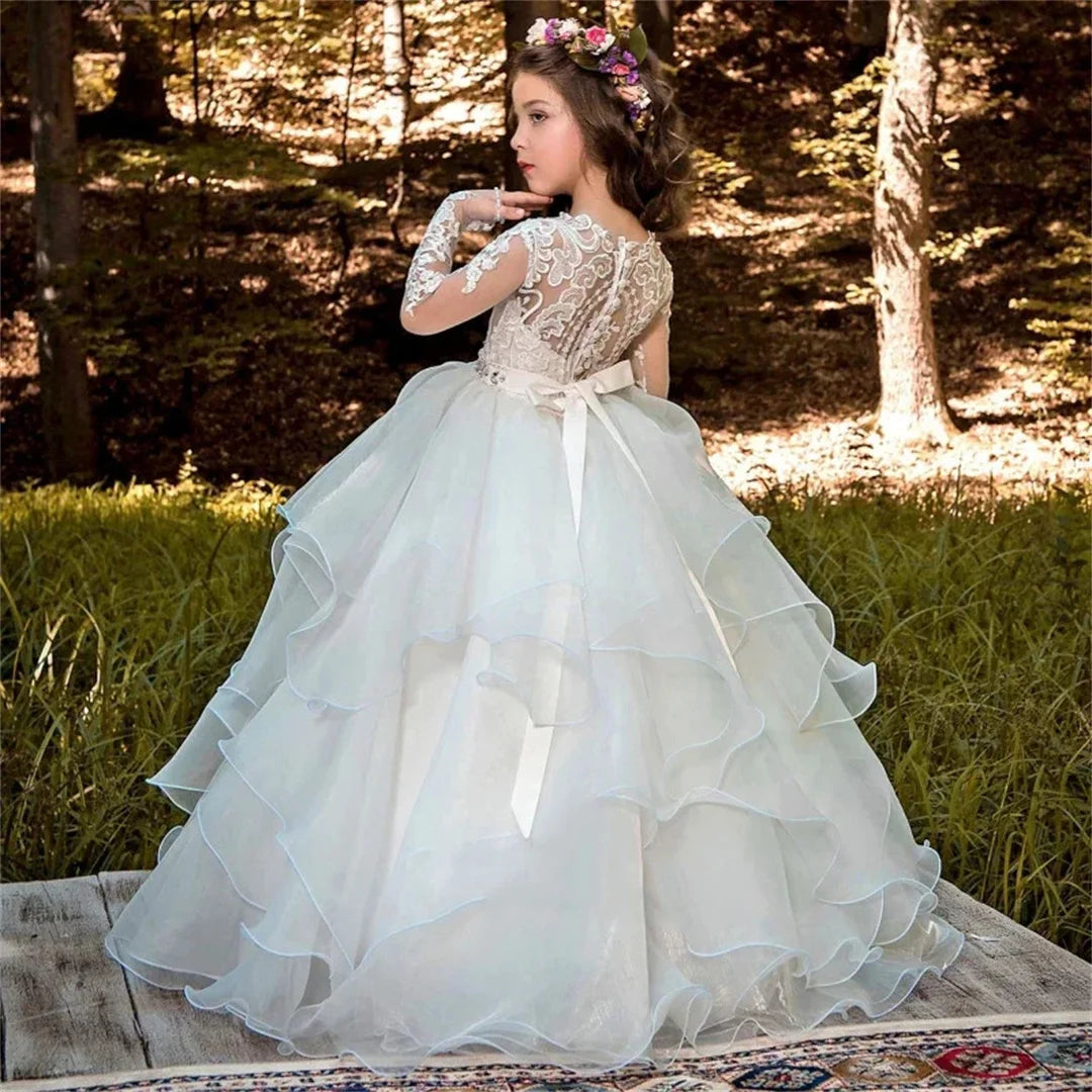 Communion Flower Girl Dresses Appliques Birthday White Tulle Tiered Party Banquet Holy With Bow Belt Long Sleeve