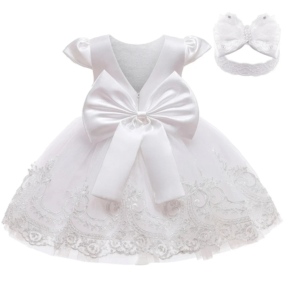 Infant Baby Embroidery Gown Elegant Girl Dress Satin Big Bow Tulle Dress V Back Prom Wedding Birthday Party Formal Baptism Dress