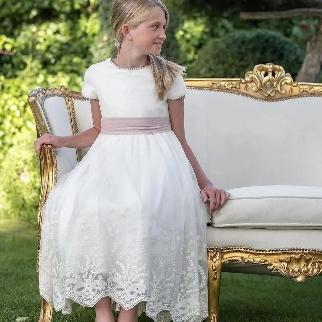 Communion Girl Dress White Vintage Princess Lace Floral Ribbon Belt Bridemini Bridesmaid Wedding Party A Line Gown