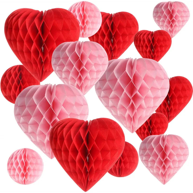 5Pcs Valentine‘s Day Heart & Ball Tissue Paper Honeycomb Ball Love Decoration Pom Poms for Valentine‘s Day Wedding Party Decors